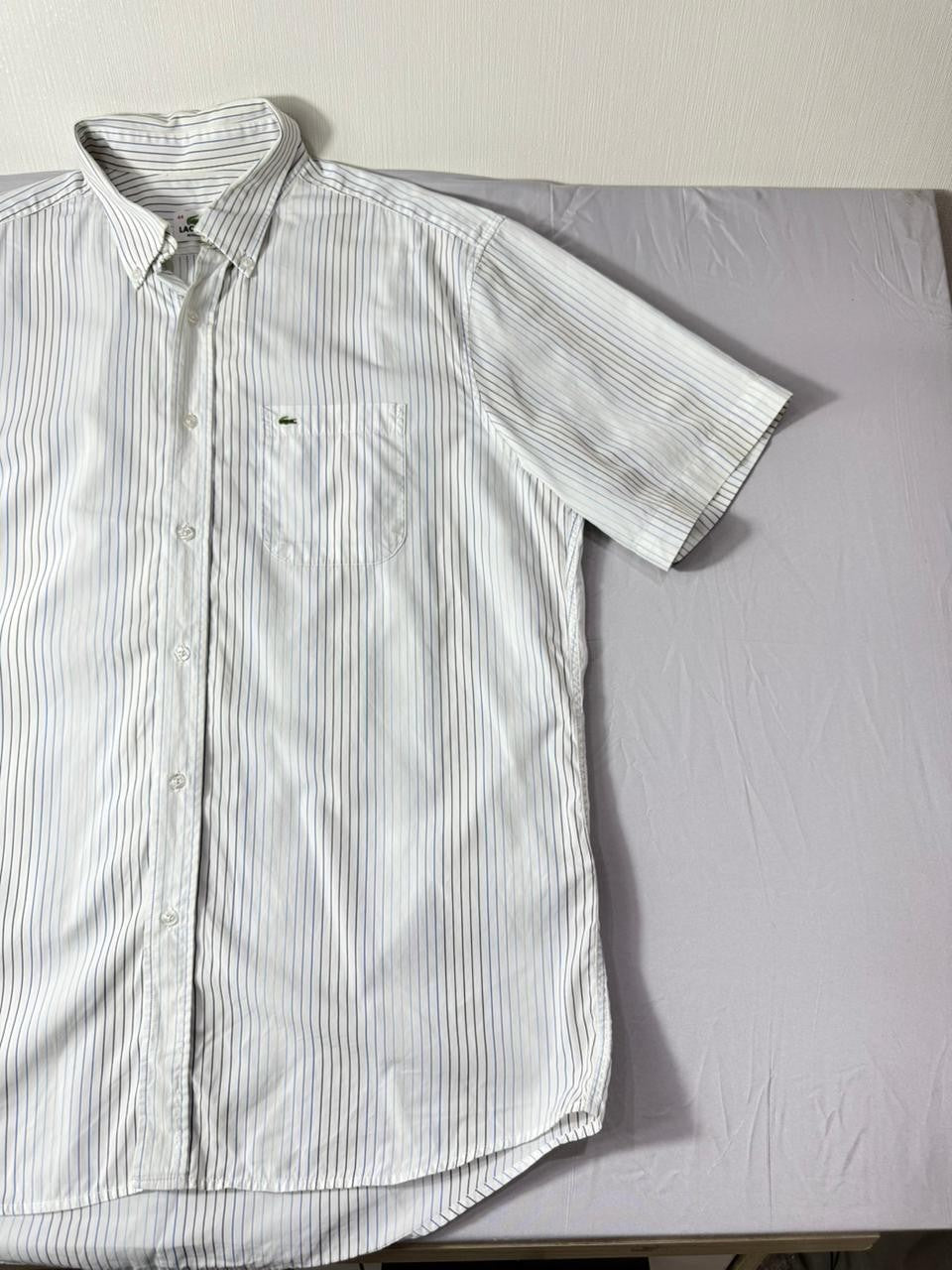 Lacoste Men's White Blue Striped Short Sleeve Button Down Shirt Size 44