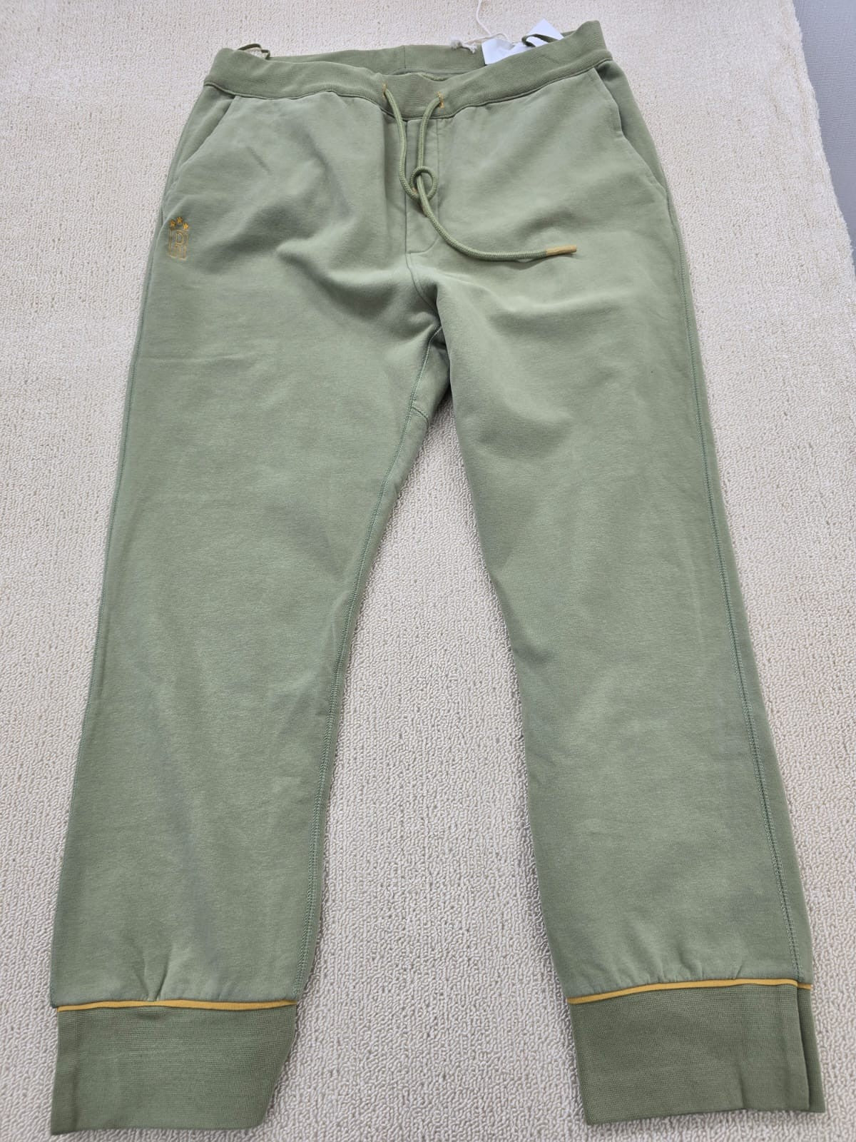 Hanna L Military Olive Pants Elastic Waist Drawstring Ribbed Cuffs Gold Piping
