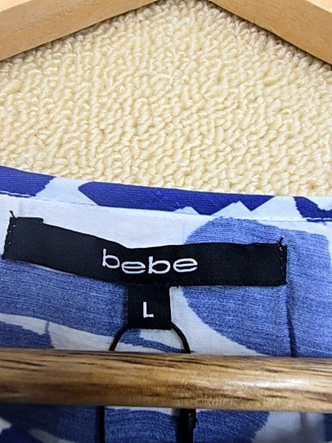 Bebe Navy Abstract Print Maxi Dress L Long Bishop Sleeves