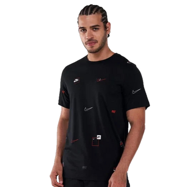 Nike Black All Over Print T-Shirt Swoosh Logo Graphic Unisex Size Xs