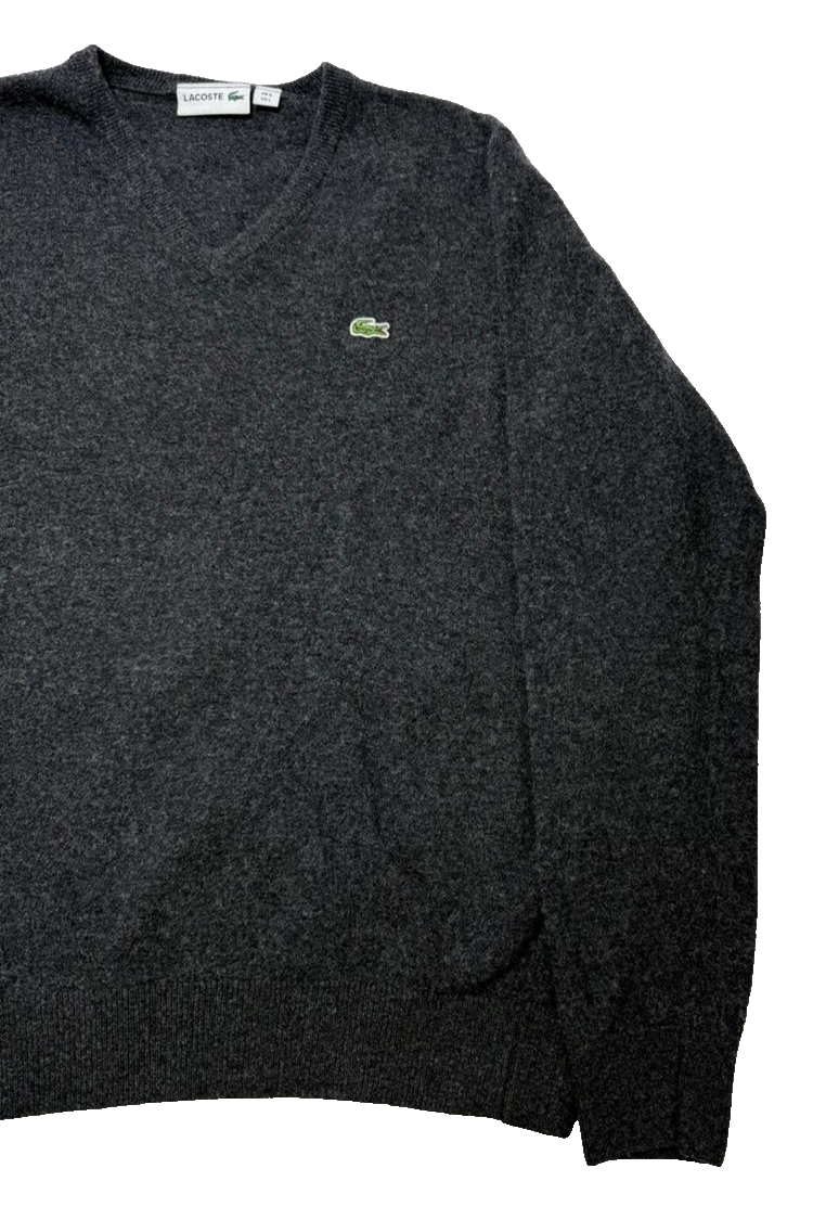 Lacoste Grey Knitted V-Neck Sweater - Size L