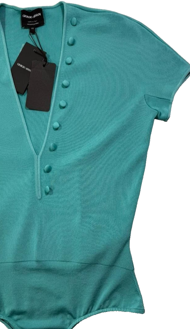 BNWT Giorgio Armani Women's Turquoise Short Sleeve Bodysuit V-Neck Size 44