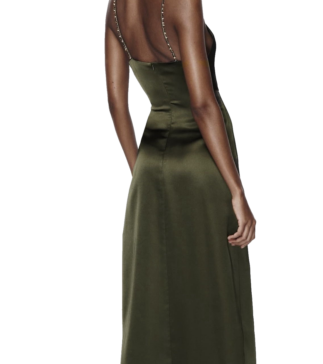 Zara Womens Satin Effect Beaded Slip Midi Dress Small  Green Khaki Nwot