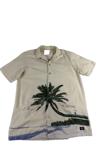 Dickies Men’s Large Beige Tropical Palm Print Short Sleeve Button-Up Shirt 100%