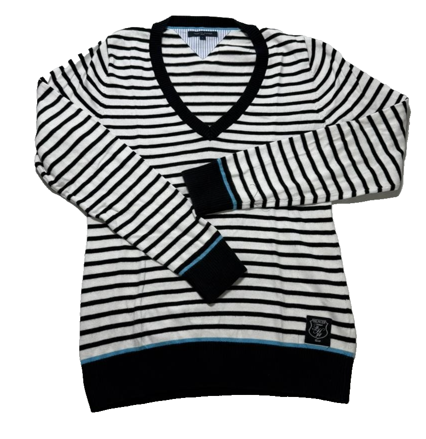 Tommy Hilfiger V-Neck Striped Pullover Sweater Black/White Women's Size L