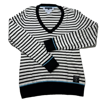 Tommy Hilfiger V-Neck Striped Pullover Sweater Black/White Women's Size L
