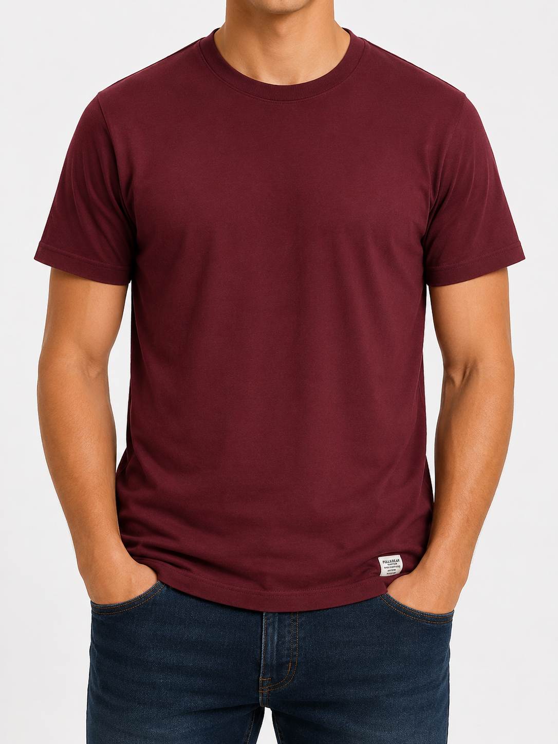 Pull&Bear Men's Burgundy Crew Neck T-Shirt Size L - Regular Fit