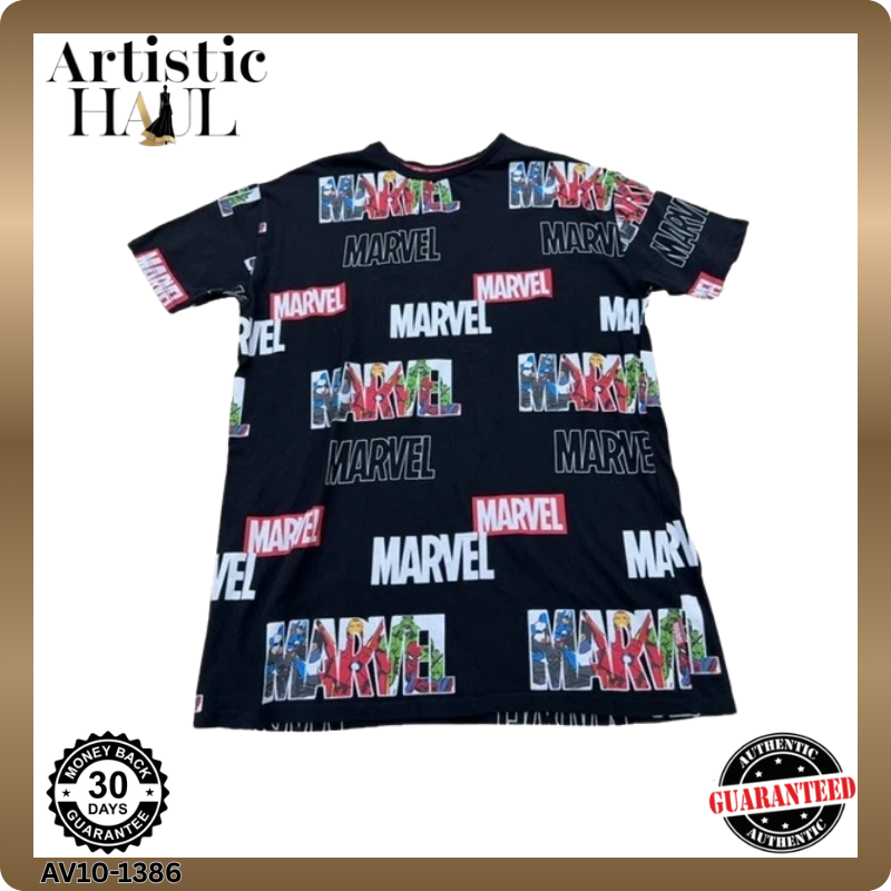 Marvel All Over Print Black Cotton T-Shirt Short Sleeve Crew Neck