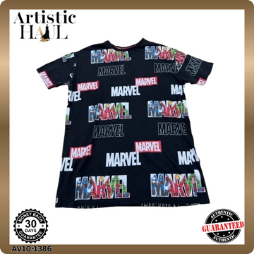 Marvel All Over Print Black Cotton T-Shirt Short Sleeve Crew Neck