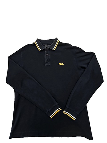 Fila Men's Black Long Sleeve Polo Shirt Size L Yellow Trim Cotton
