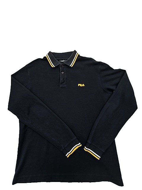 Fila Men's Black Long Sleeve Polo Shirt Size L Yellow Trim Cotton