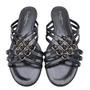 Giorgio Armani Black Crossed Leather Sandals With Gold-Tone Rings - Size 38 Bnwt