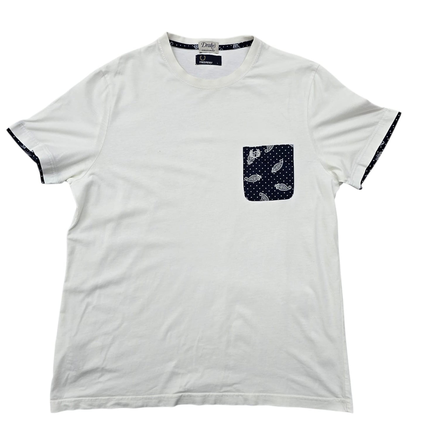 Fred Perry x Drake's Men's White Paisley T-Shirt L Regular Cotton