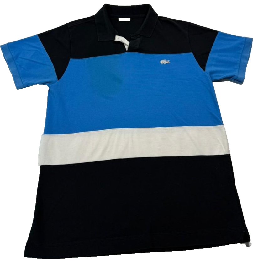 Lacoste Men's Block Stripe Black Blue White Polo Shirt Short Sleeve Size 4