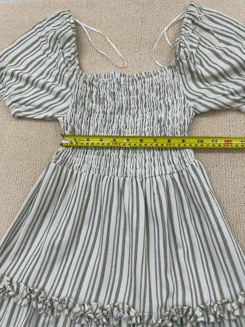 Ole by Koton XS Green Stripe Midi Dress Cotton Ruffle Short Sleeve