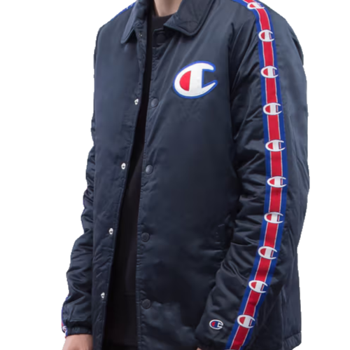 Champion Men's Navy Coach Jacket Logo Tape Sleeves Quilted Lining Size M