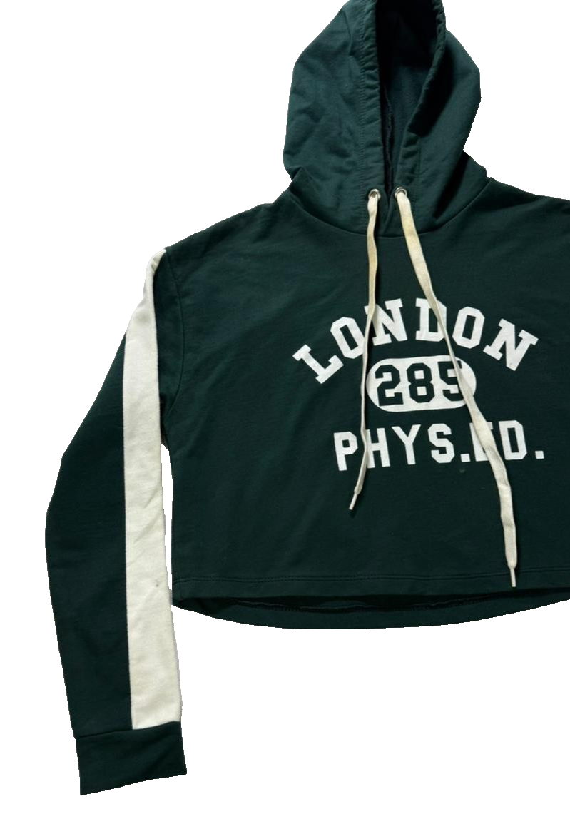 Vintage Style London 289 Phys. Ed. Green Cropped Hoodie Sweatshirt Women's