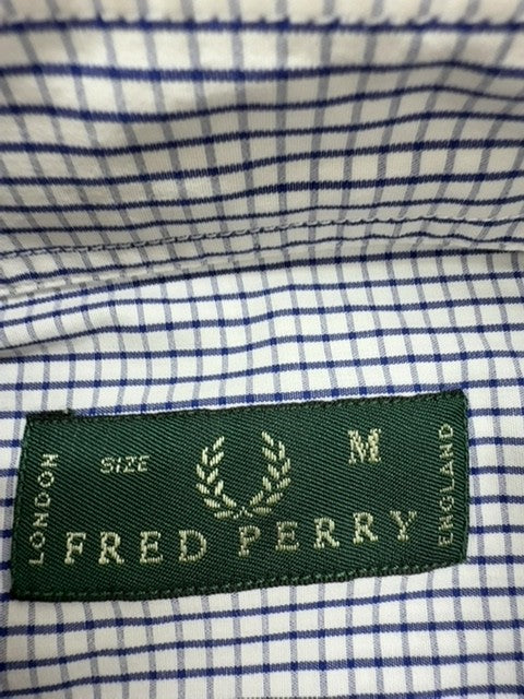 Fred Perry Men's White/Blue Gingham Button-Down Shirt Size M Cotton