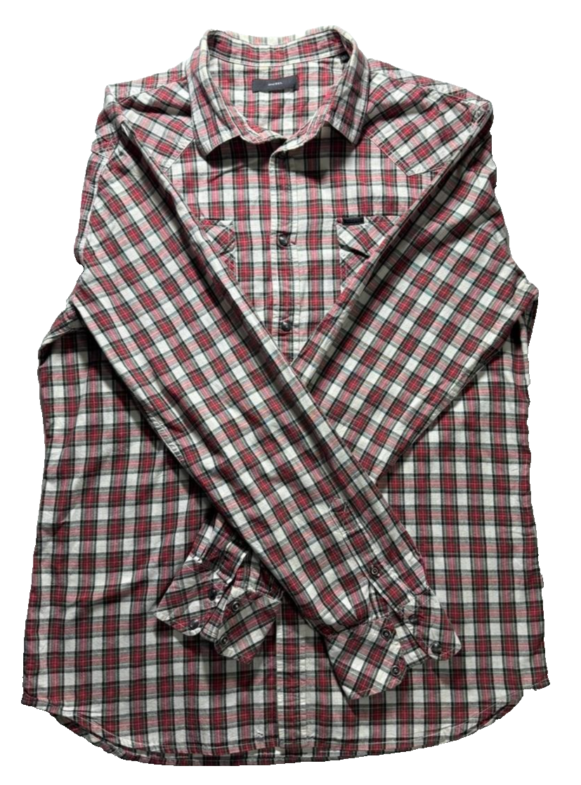 Diesel Men's Dress Shirts Camicia Plaids & Checks Tartan Red - Size M