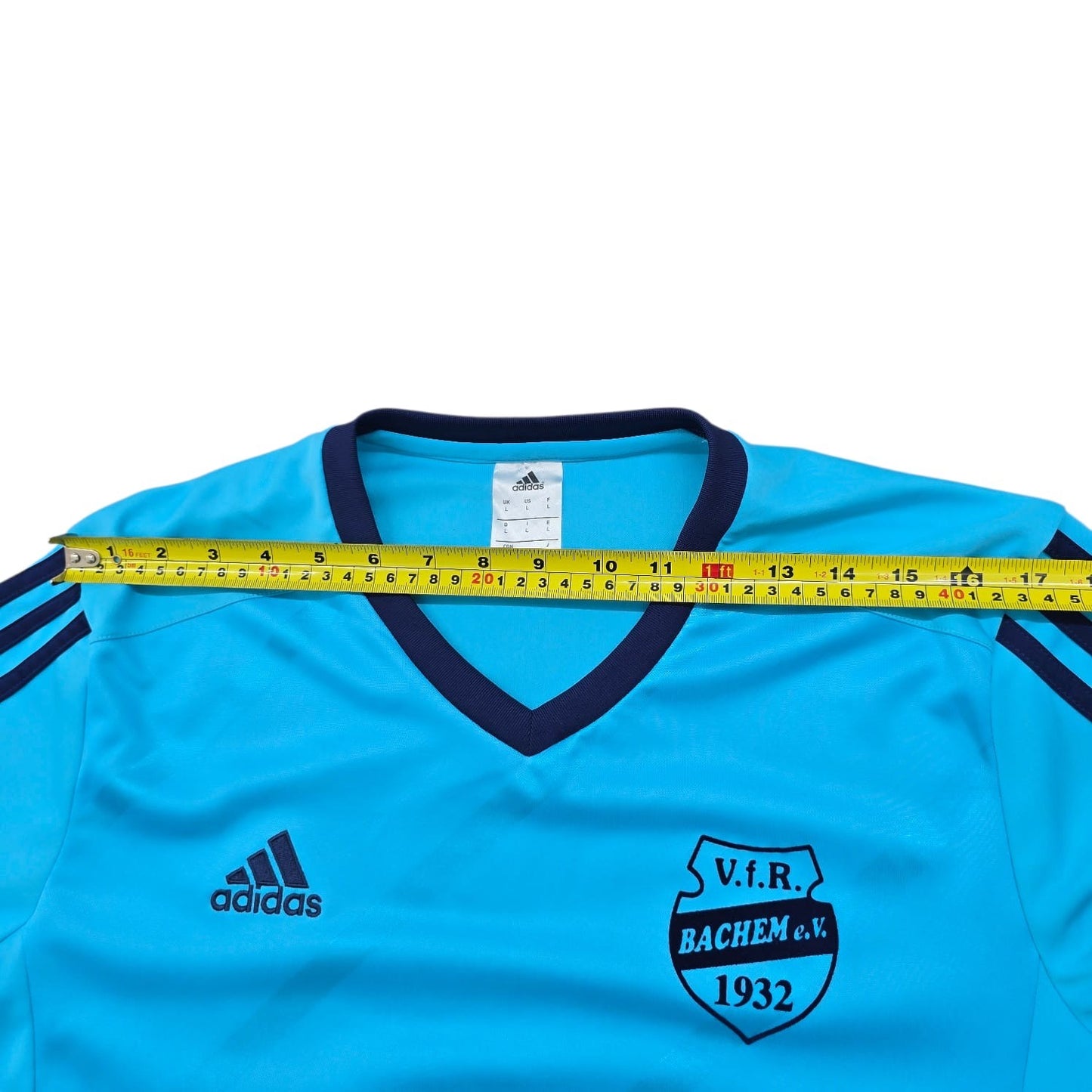Adidas Men's Cyan Blue Striped Soccer Jersey L V-Neck Long Sleeve