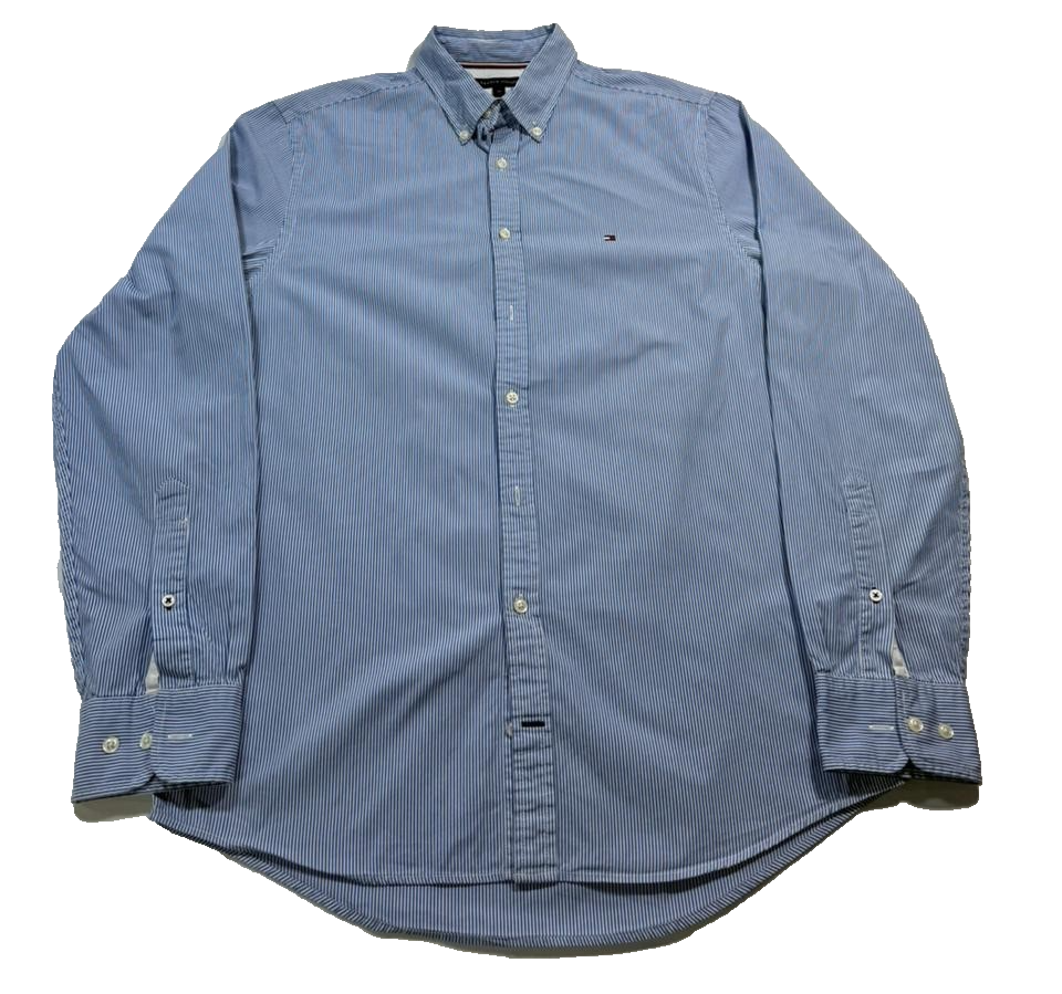 Tommy Hilfiger Men's Blue White Micro Stripe Easy Care Regular Fit Shirt Size M