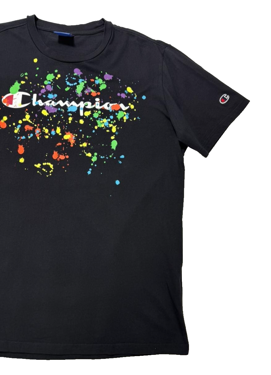 Champion Men's Black T-Shirt Short Sleeve Paint Splatter Logo Tee Casual Top