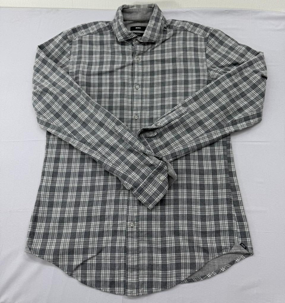 BOSS Men's Grey Plaid Flannel Slim Fit Button-Down Shirt M Germany