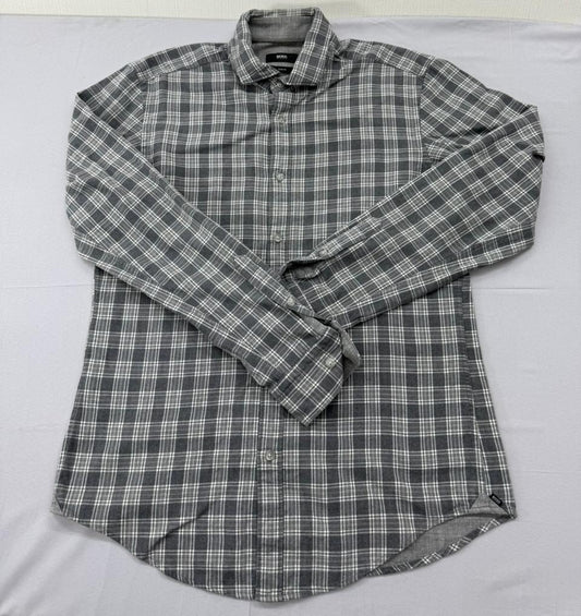 BOSS Men's Grey Plaid Flannel Slim Fit Button-Down Shirt M Germany