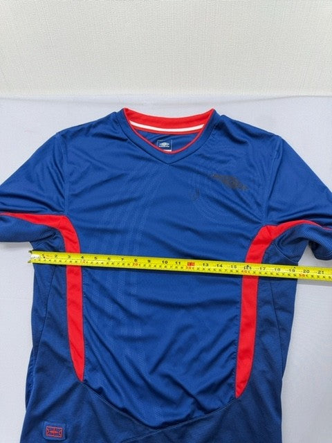 Umbro Blue Soccer Jersey L Short Sleeve V-Neck Red Trim Unisex Adult