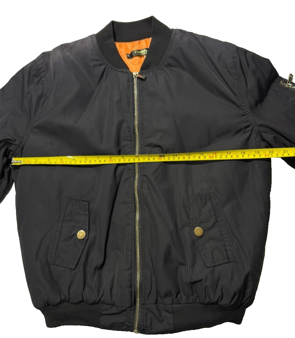 Classic Black Bomber Jacket Orange Lining Full Zip Pockets - Size M