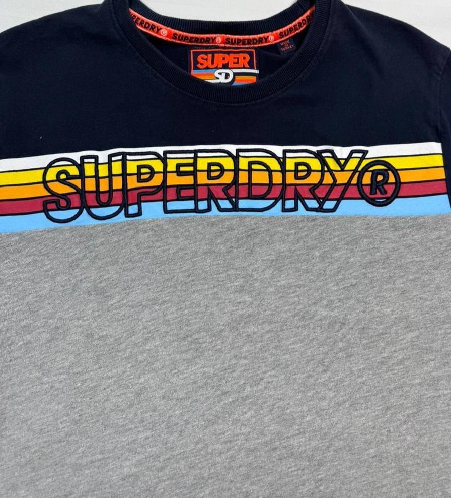 Superdry Men's Navy Gray Colorblock T-Shirt, Size L, Logo Casual Cotton Tee