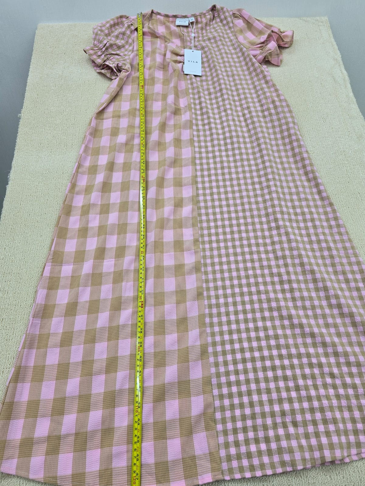 Vila Pink Beige Gingham Maxi Dress Short Puff Sleeve Round Neck M
