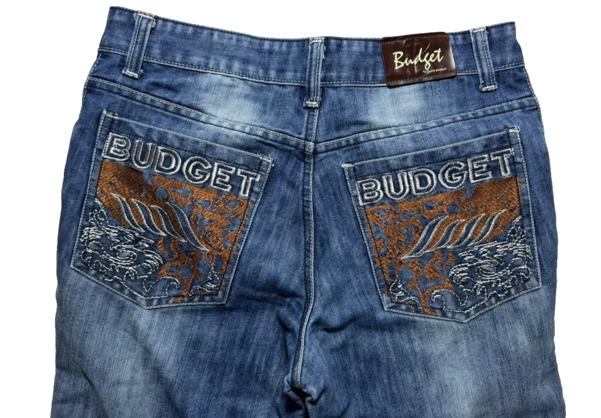 Budget Men's Faded Denim Jeans - Embroidered Back Pockets, Straight Leg, Size 36