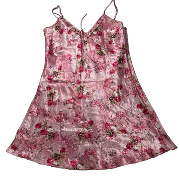 Vintage Women's Pink Floral 100% Silk Satin Slip Dress Rose Print XL Sleeveless