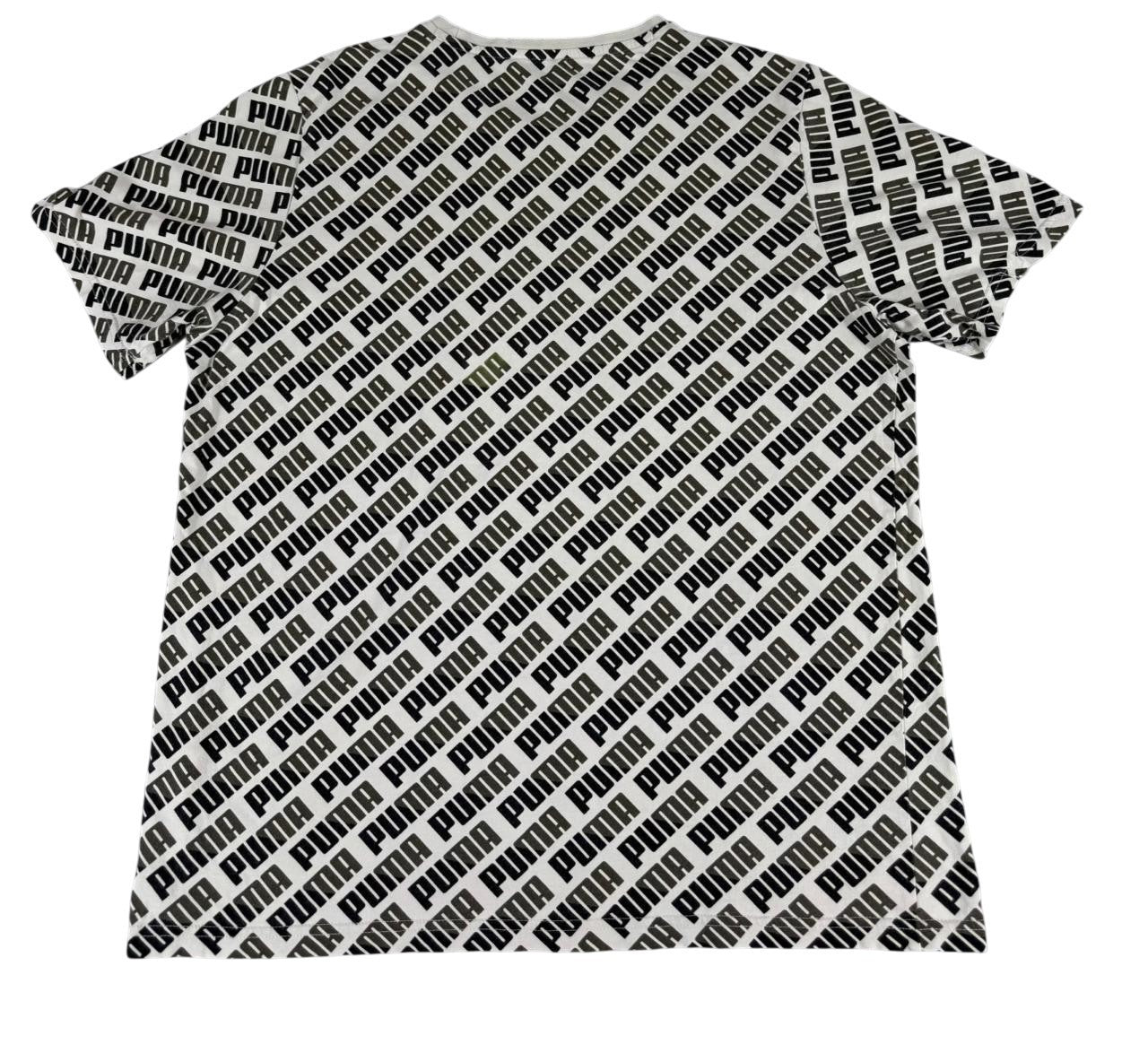 Puma Men's All Over Logo Print T-Shirt Black White Short Sleeve US Large Tag Fade