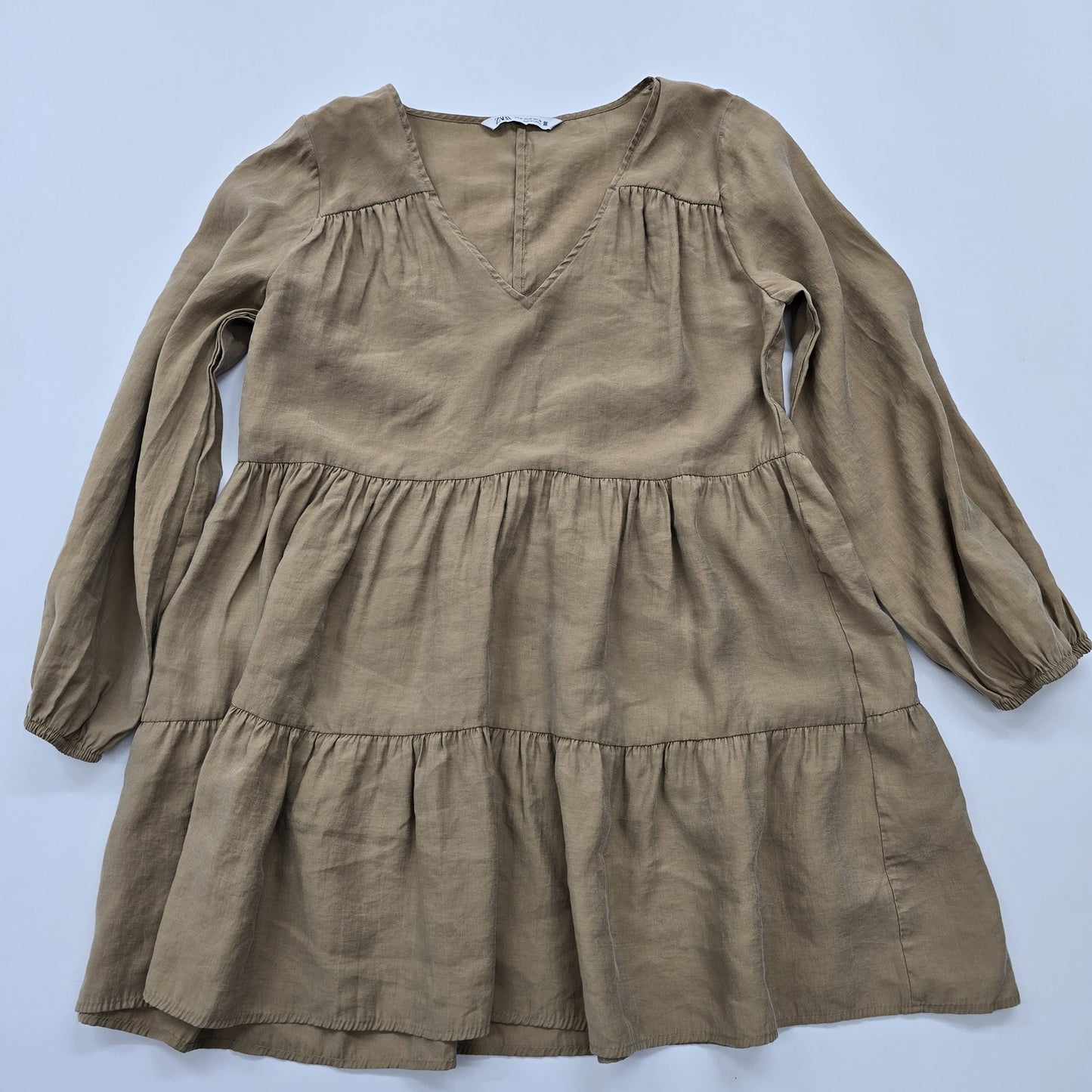Zara Khaki V-Neck Puffed Sleeve Tiered Knee Dress M