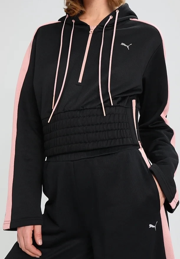 Puma Women's Cropped Hoodie Jacket Black Pink Zip Up Long Sleeve Size M