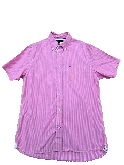 Tommy Hilfiger Men's Pink Stripe Short Sleeve Shirt Size M