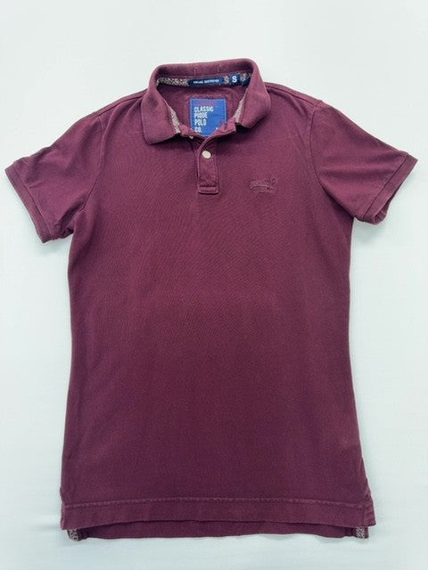 Superdry Men's Burgundy Polo Size S Vintage Destroyed Button Collared Knit