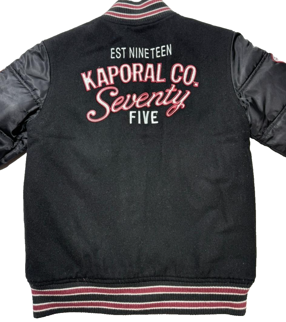 Kaporal K5 Varsity Bomber Jacket Black Men's Size 14 Patch Logo Puff Sleeves