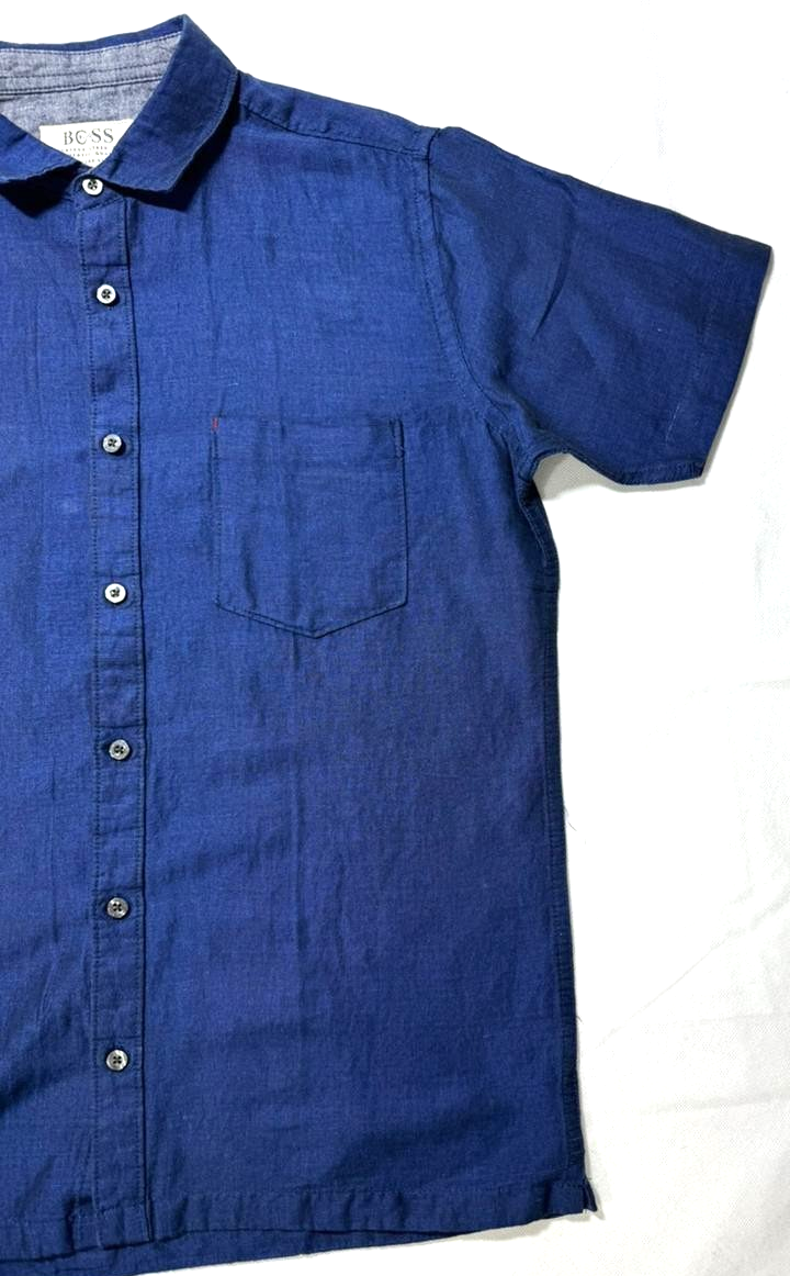 Boss Regular-Fit Short-Sleeve Button-Down Shirt In Blue Linen - Size M