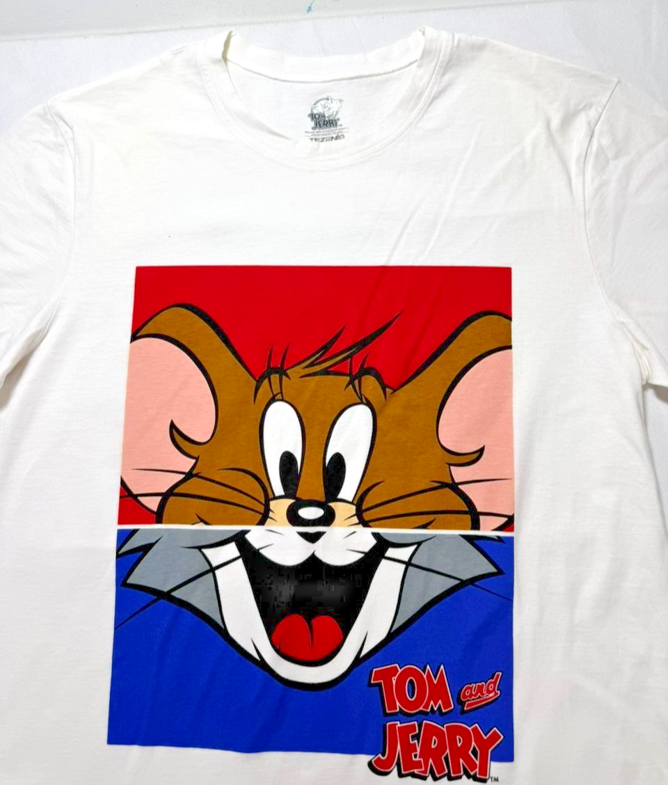 Tezenis White Tom & Jerry Graphic Tee, Crew Neck Short Sleeve - Size M