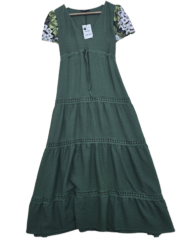 Lulu's Design XS Tiered Floral Olive Green Maxi Dress V-Neck Puff
