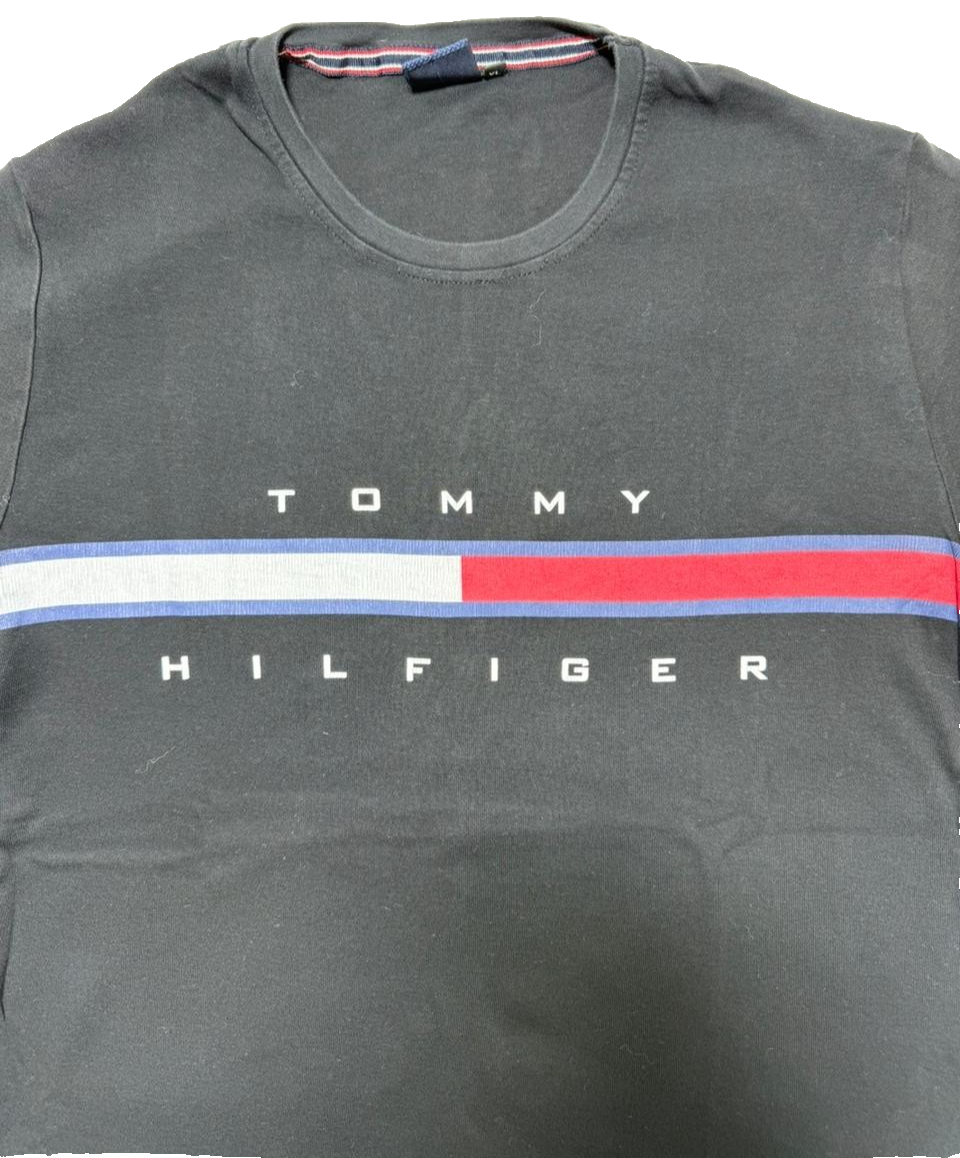 Tommy Hilfiger Men's Black Tee Flag Stripe Logo Short Sleeve Size XL