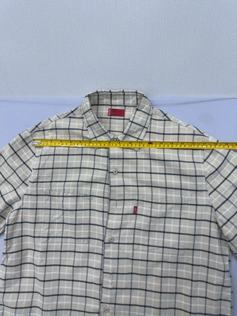 Levi's Men's Large Short Sleeve Plaid Cotton Button-Down Shirt Beige Navy
