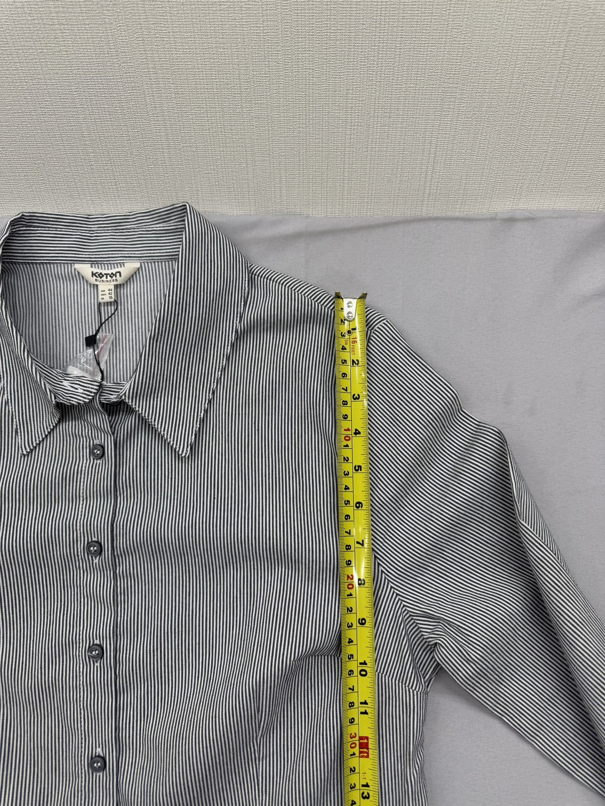 Koton Women's Grey Striped Long Sleeve Shirt Collar L