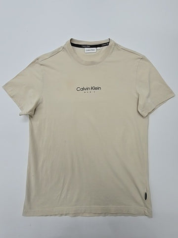 Calvin Klein Men Beige Logo T-Shirt Size S Regular Cotton Crew Neck