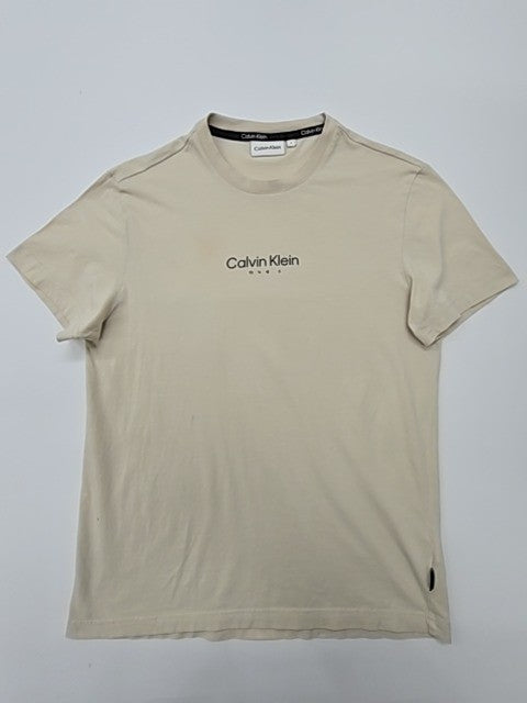 Calvin Klein Men's Beige T-Shirt – Size S, Logo, Crew Neck