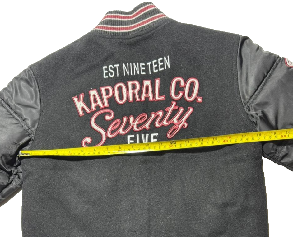 Kaporal K5 Varsity Bomber Jacket Black Men's Size 14 Patch Logo Puff Sleeves
