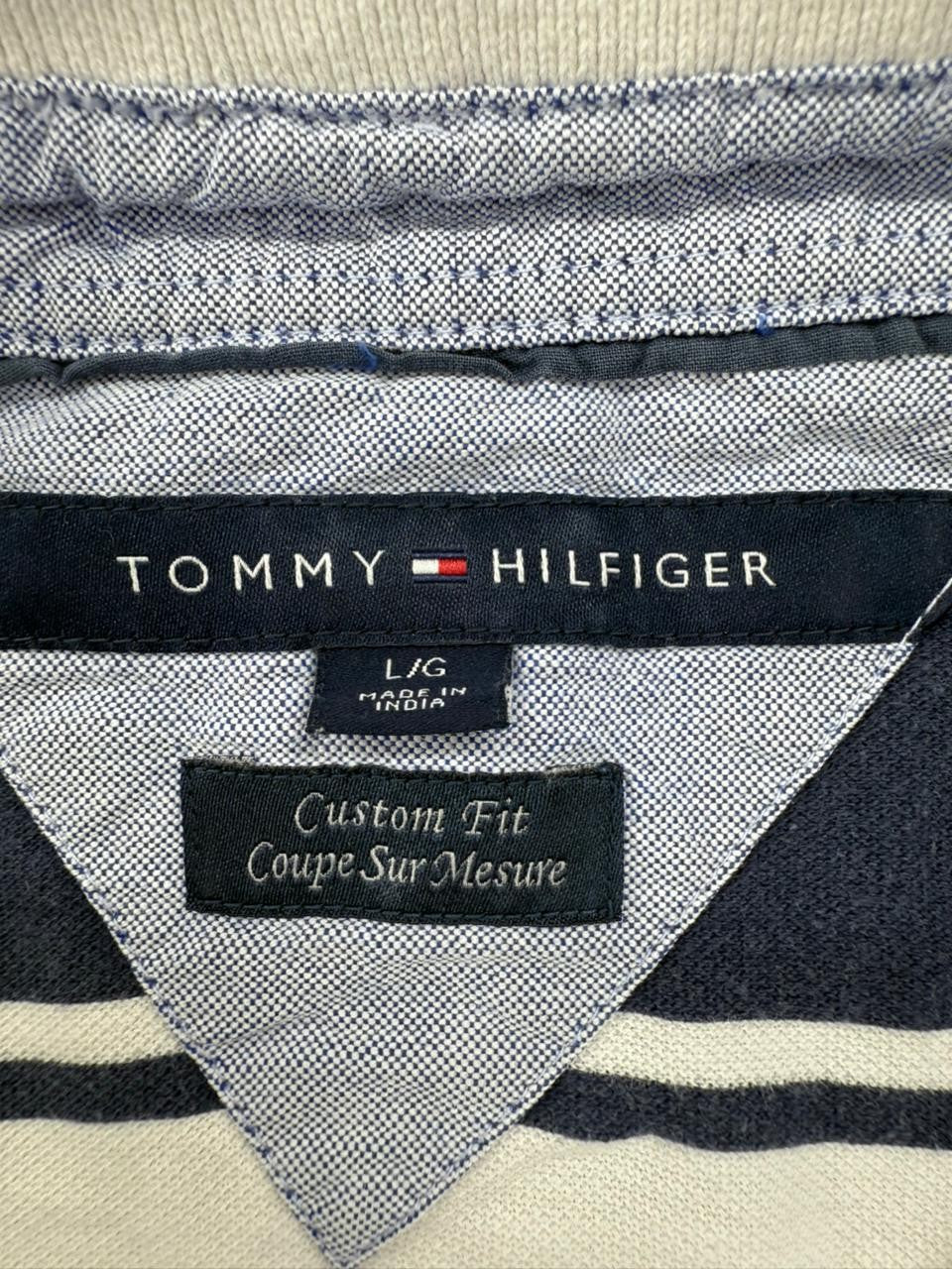 Tommy Hilfiger Men's Navy Stripe Polo Shirt Size L Custom Fit Cotton